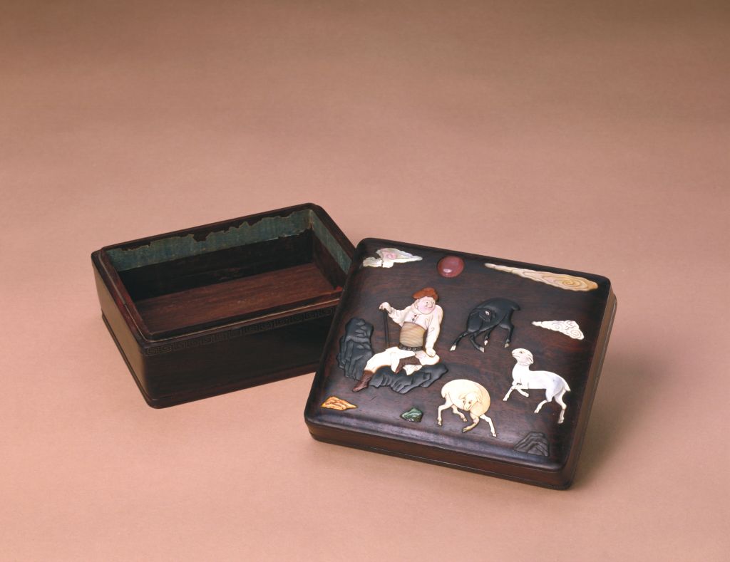 图片[1]-Red sandalwood Baibao rectangular box inlaid with shepherd’s picture-China Archive